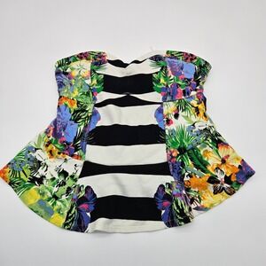 Jessica Simpson Strapless‎ Peplum Top Tropical Floral Black White Stripe Size M